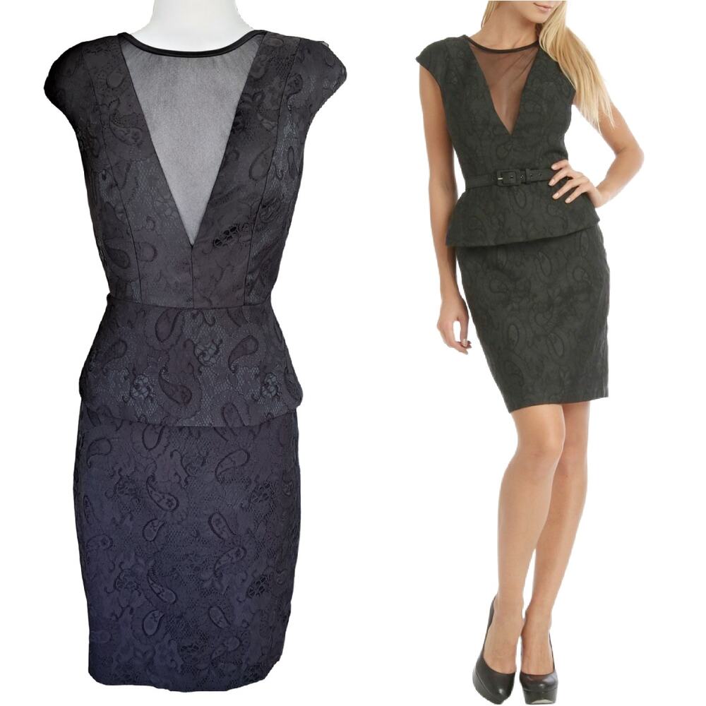 Anthropologie Eva Franco Black Peplum Plunge Pencil Dress Size 8